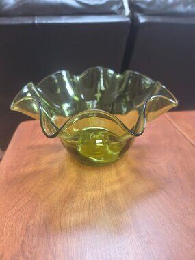 vintage blenko hand blown kiwi green fruit bowl with ruffled rim 1950s